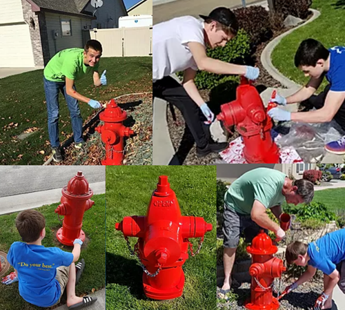 Collage of volunteers repainting fire hydrants red