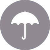 A white umbrella icon on a grey background circle