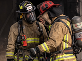 two firefighters speaking to eachother