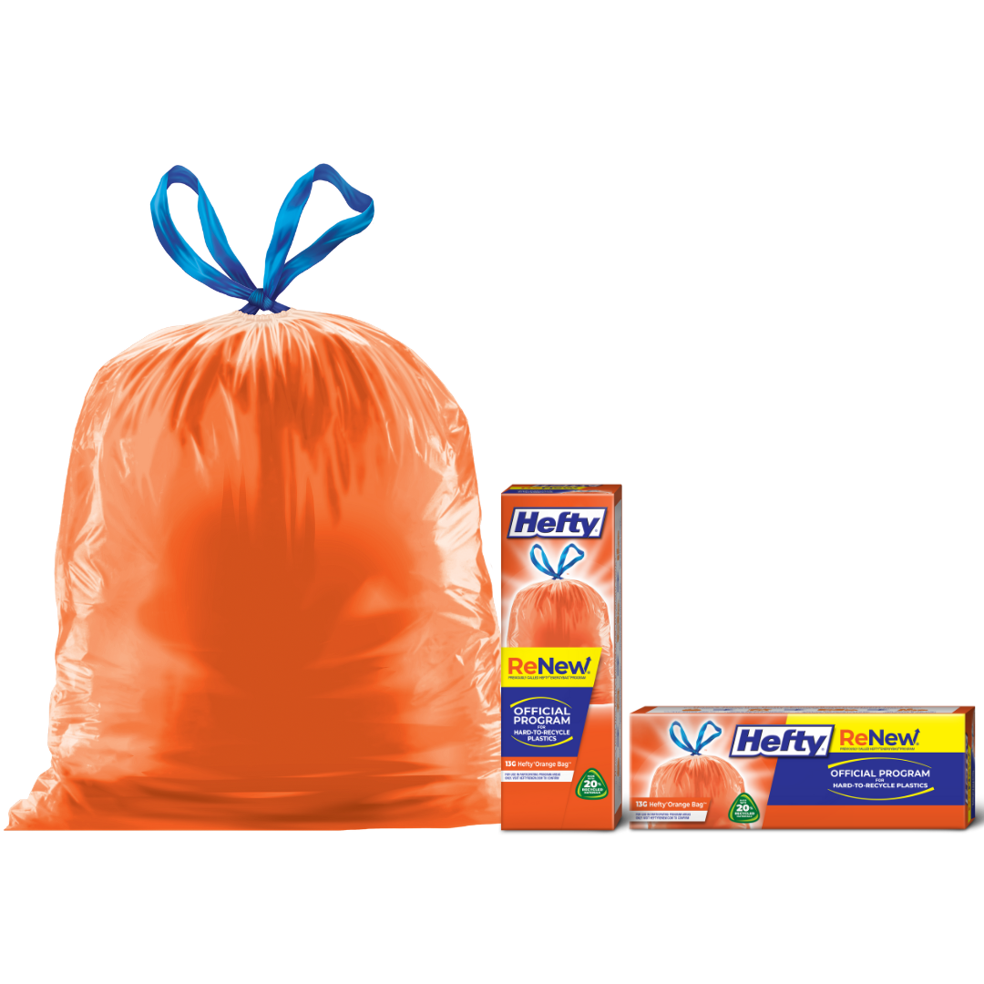 Hefty ReNew orange bag with two packaging styles.