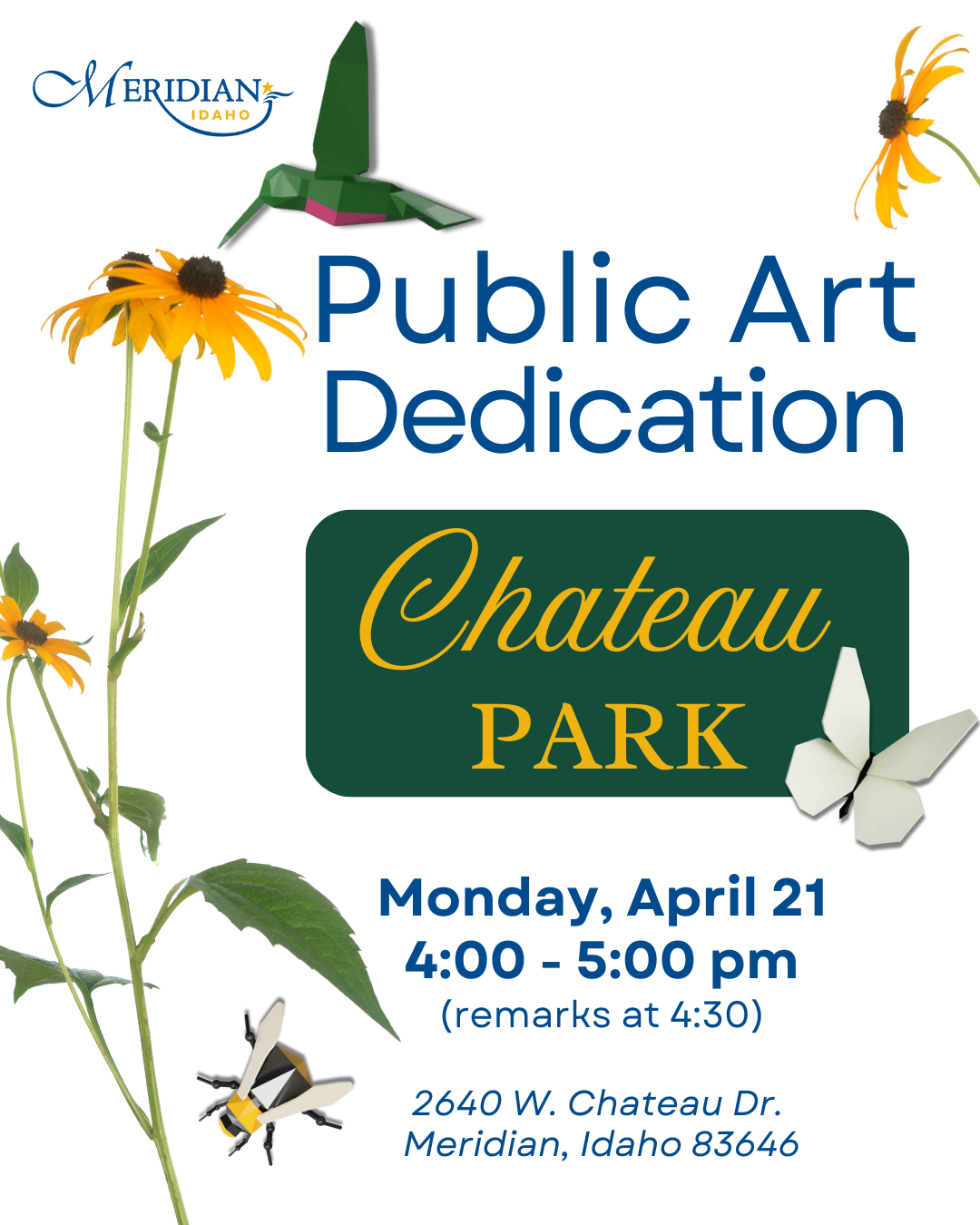 Graphic showing public art dedication event at Chateau Park on Monday April 21 starting at 4:00 p.m.