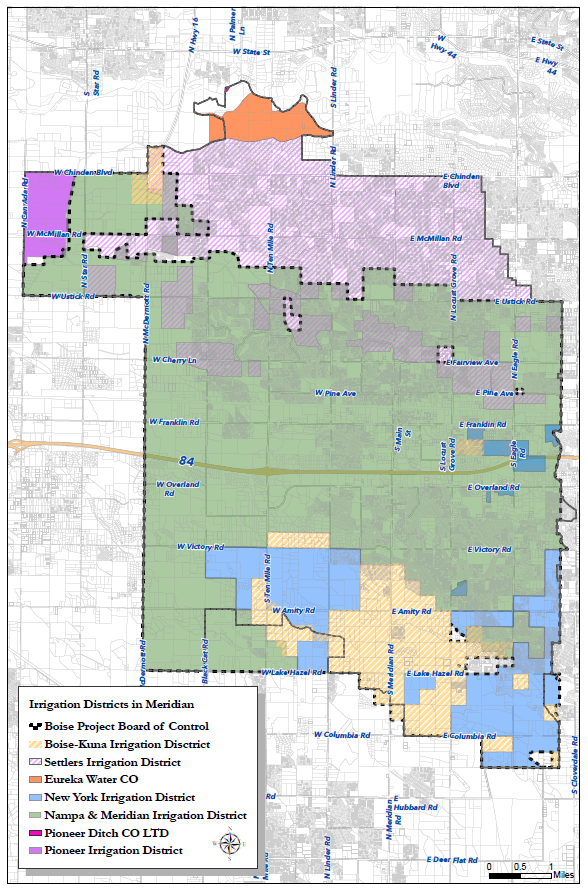 Map of Irrigation Districts in Meridian. Phone numbers listed separately