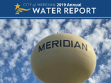 Meridian Water Tower up close with blue sky and clouds with the words "City of Meridian 2019 Annual Water Report"