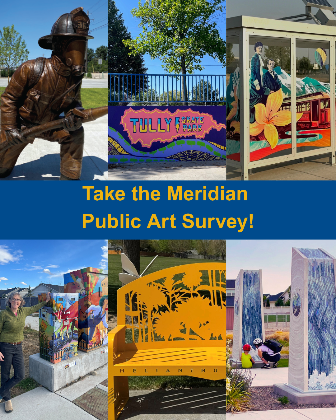 Multiple recent public art projects in Meridian including statures, paintings, bus stops, and park benches.