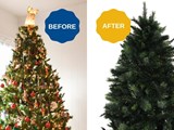 Decorated pine tree on the left with a before sign and an undecorated pine tree on the right with an after sign.