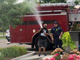 A citizen is standing in front of a fire truck with a fire fighter while spraying the fire hose.