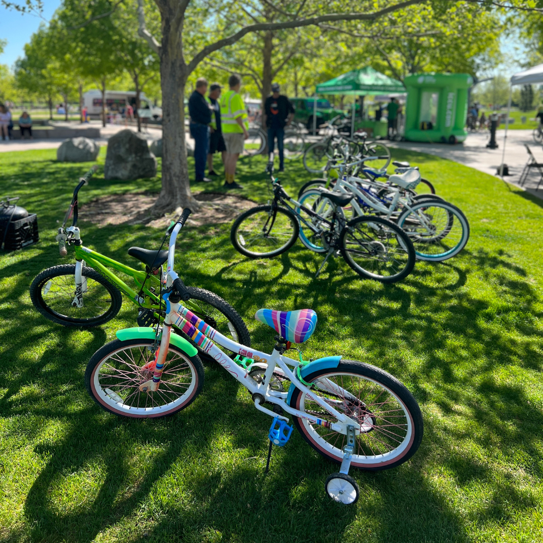 Assortment of bikes on the grass at a Meridian, Idaho park