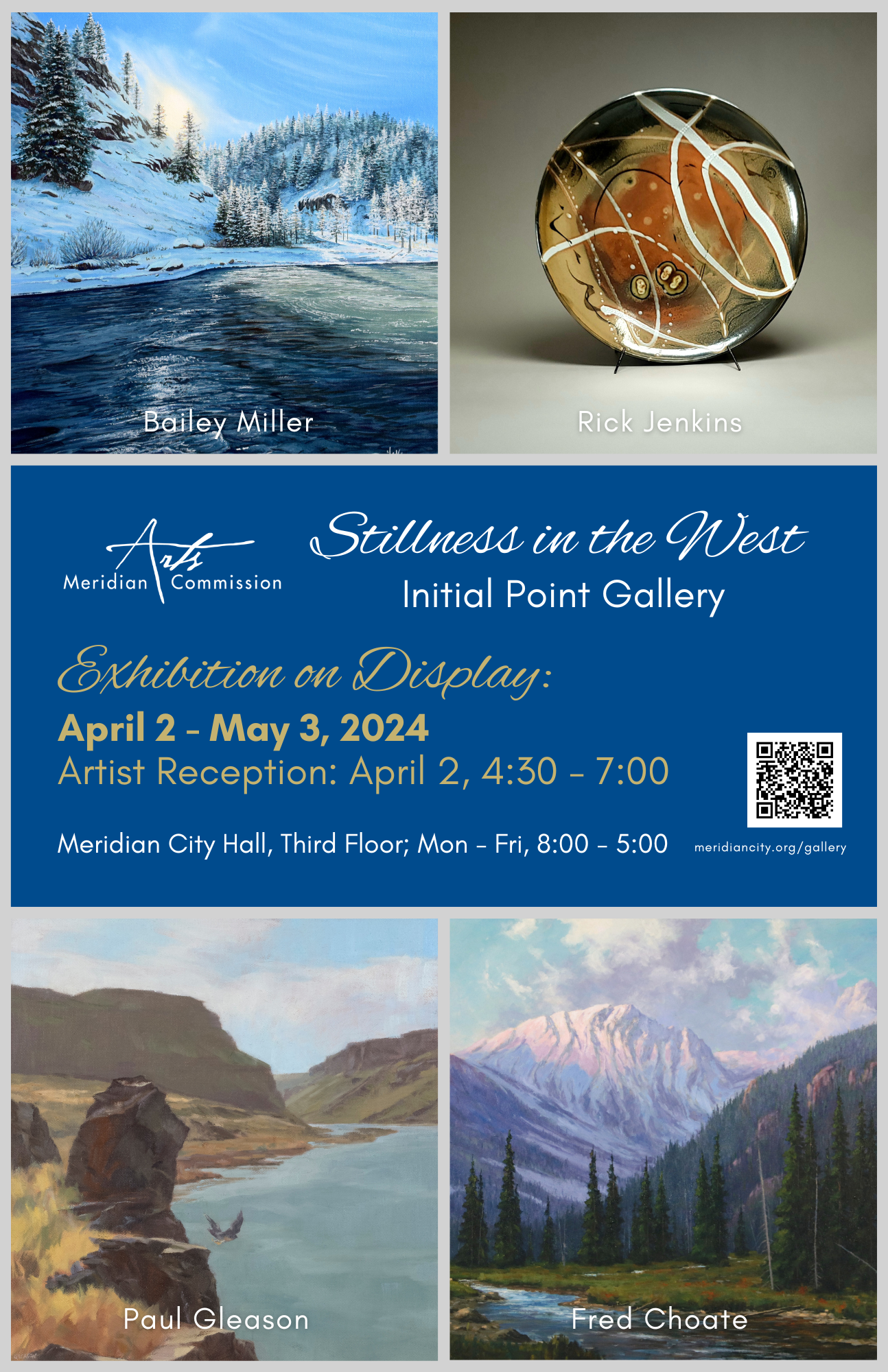 Graphic of four artworks in landscape painting and ceramic mediums and text for Initial Point Gallery show from April 2 - May 3