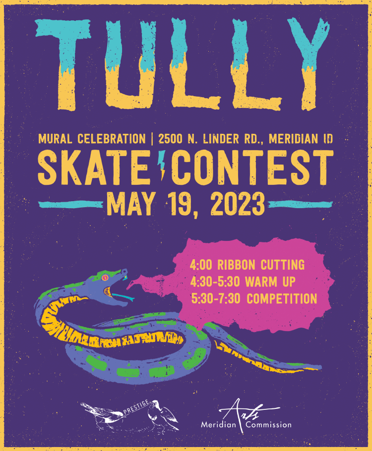 graphic of the Tully Skate Contest and Mural celebration, scheduled for May 19th 2023 at 4:00pm at Tully Park, Meridian