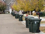 Meridian street on trash service day; several green trash carts out at the curb